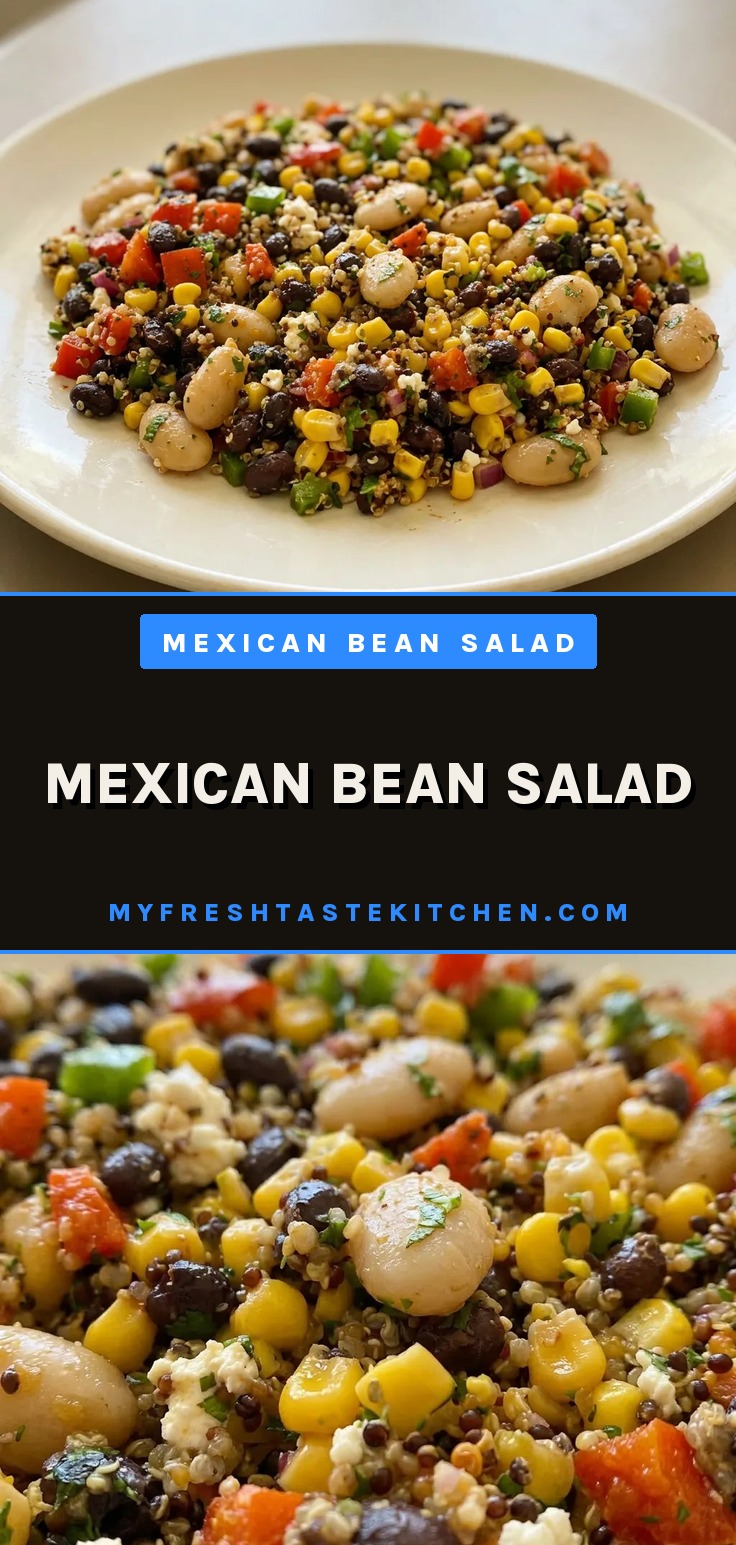 Mexican bean salad with quinoa, black beans, bell pepper, corn, and feta, topped with cilantro.
