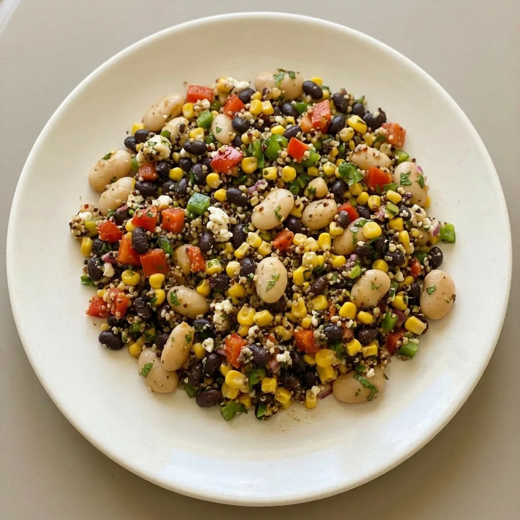 Plated Mexican bean salad with quinoa, black beans, butter beans, bell pepper, corn, red onion, feta, and cilantro, drizzled with lime.