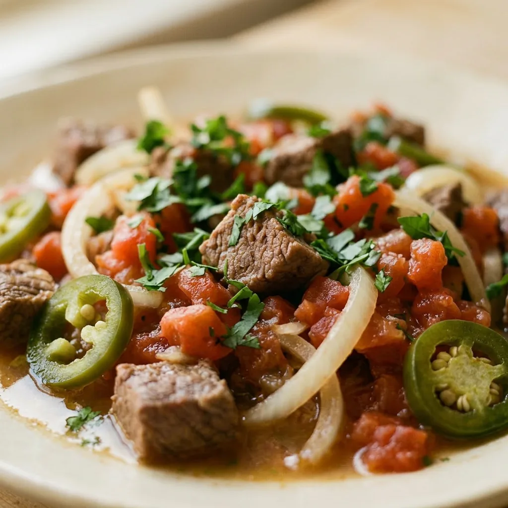 Close view of beef chunks in tomato-based sauce with sliced jalapeño and onion, garnished with fresh cilantro.