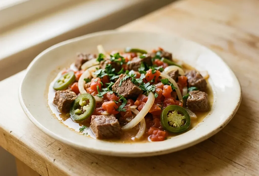 Overhead shot of beef stew with tomato, jalapeño, onion, and cilantro, topped with oregano and cumin.