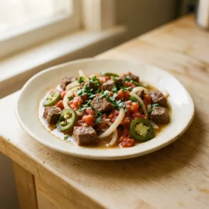Overhead shot of beef stew with tomato, jalapeño, onion, and cilantro, topped with oregano and cumin.