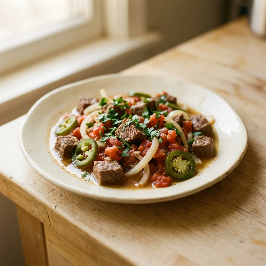 Overhead shot of beef stew with tomato, jalapeño, onion, and cilantro, topped with oregano and cumin.