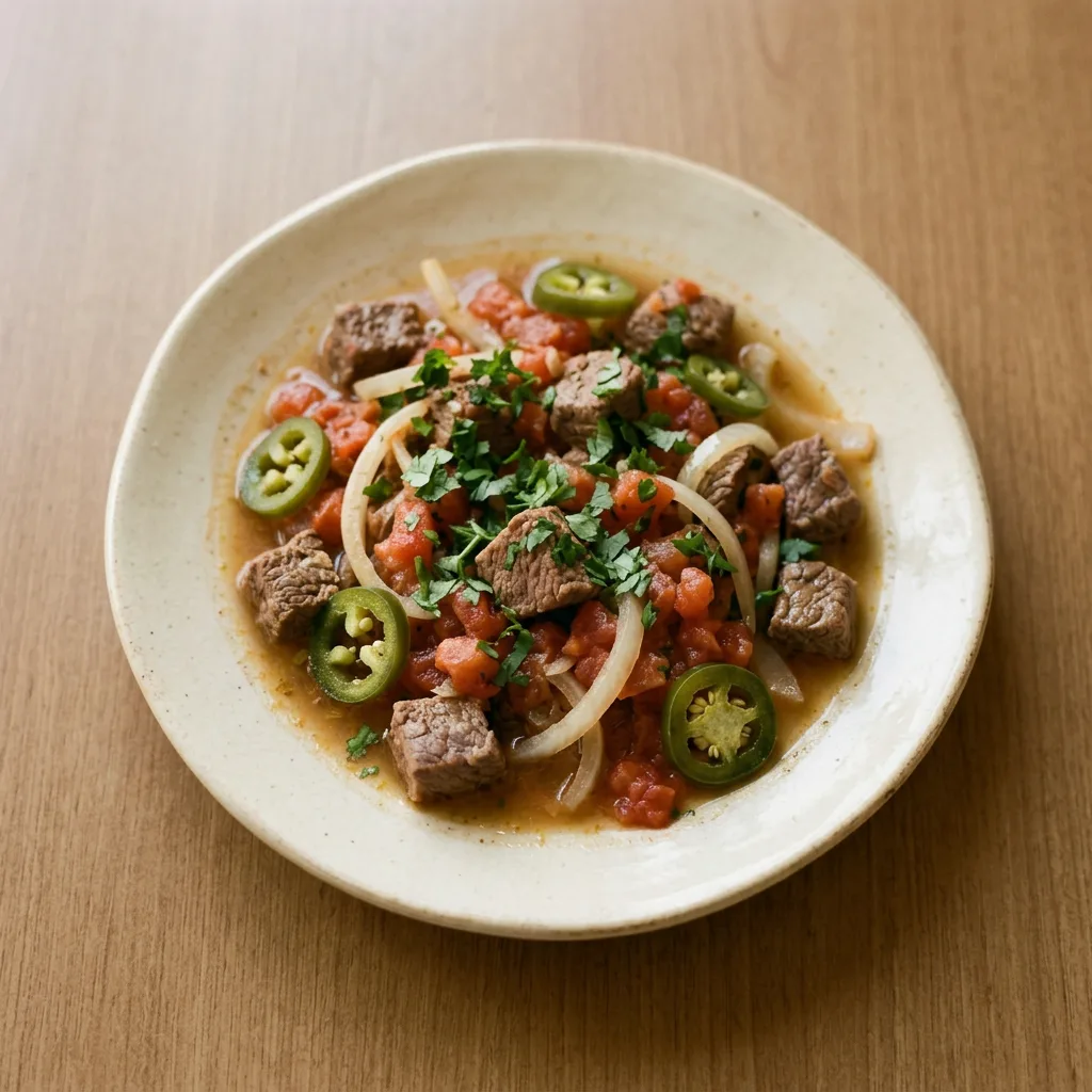 Plated Mexican style beef stew with visible tomato, jalapeño, onion, and cilantro, seasoned with oregano and cumin.