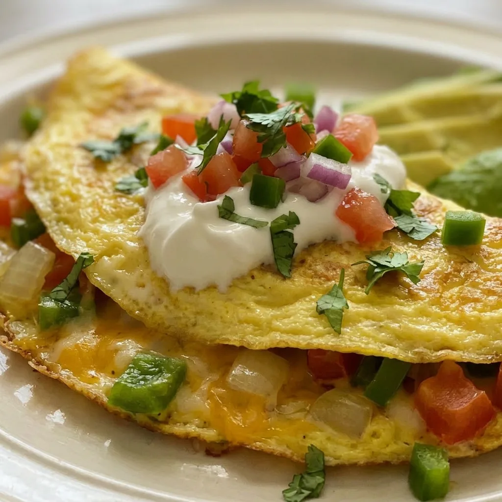 Macro detail of the omelette surface showing melted cheese, diced tomatoes, green jalapeños, and a dollop of sour cream.