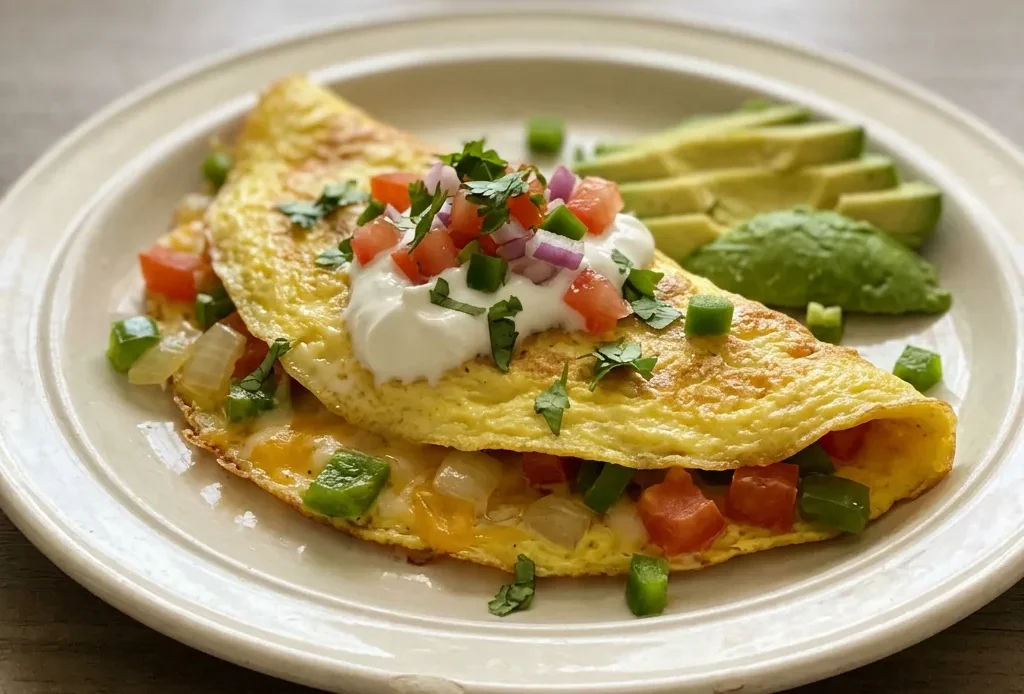Top-down look at an omelette filled with bell pepper, onion, and tomato, topped with melted cheese, avocado slices, jalapeños, salsa, and sour cream.