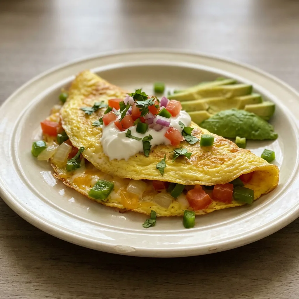 Top-down look at an omelette filled with bell pepper, onion, and tomato, topped with melted cheese, avocado slices, jalapeños, salsa, and sour cream.
