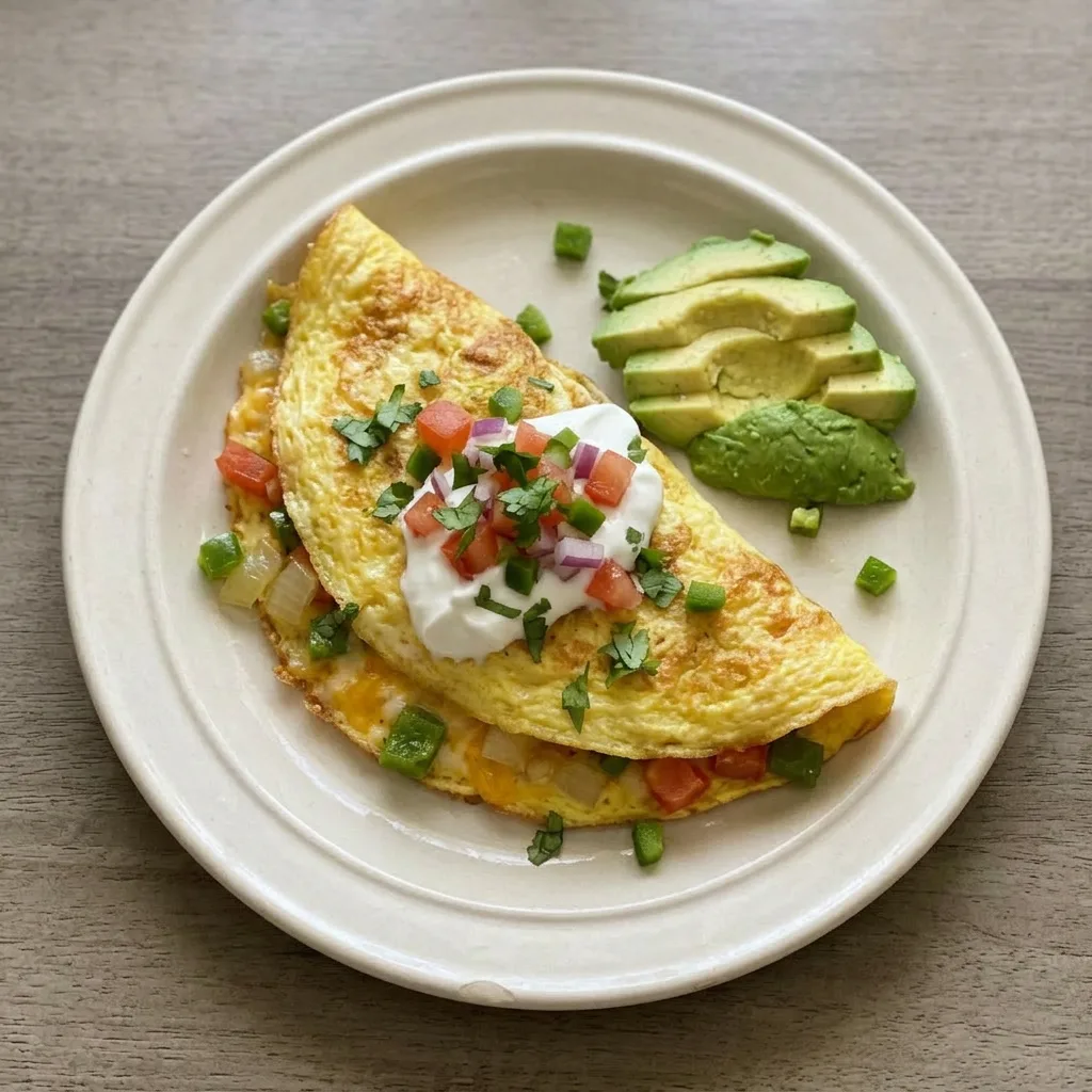 A serving of omelette with visible layers of egg, bell pepper, onion, and tomato, garnished with cilantro, avocado, and salsa.