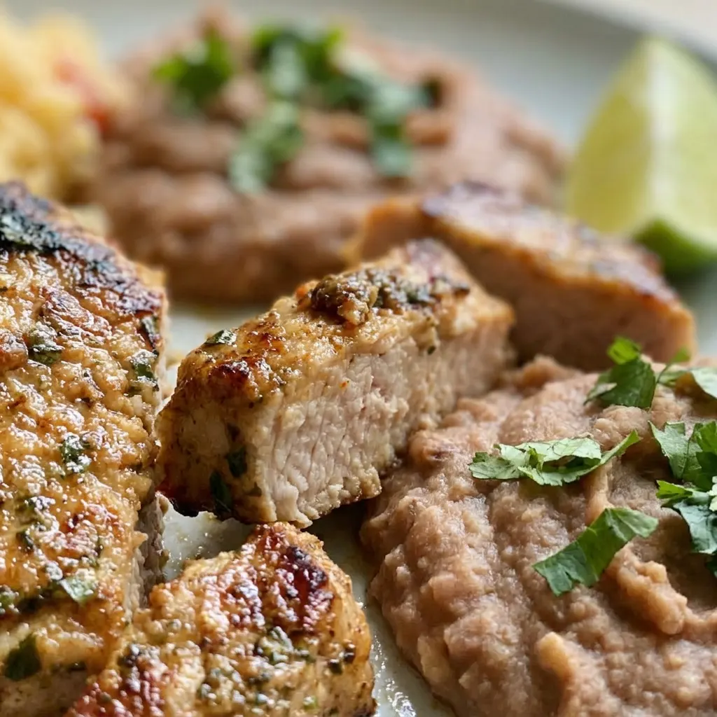 Macro detail of a pork chop slice showing seared crust, cilantro leaves, and a lime wedge beside it.