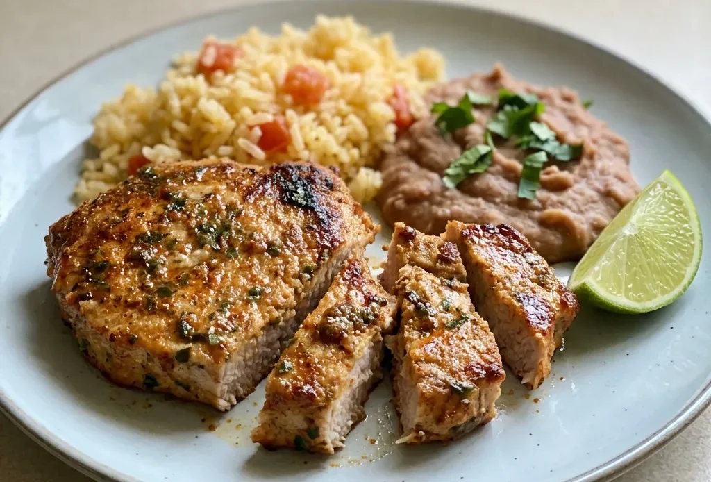 Top-down look at two boneless pork chops seasoned with taco seasoning, garnished with cilantro and lime wedges.