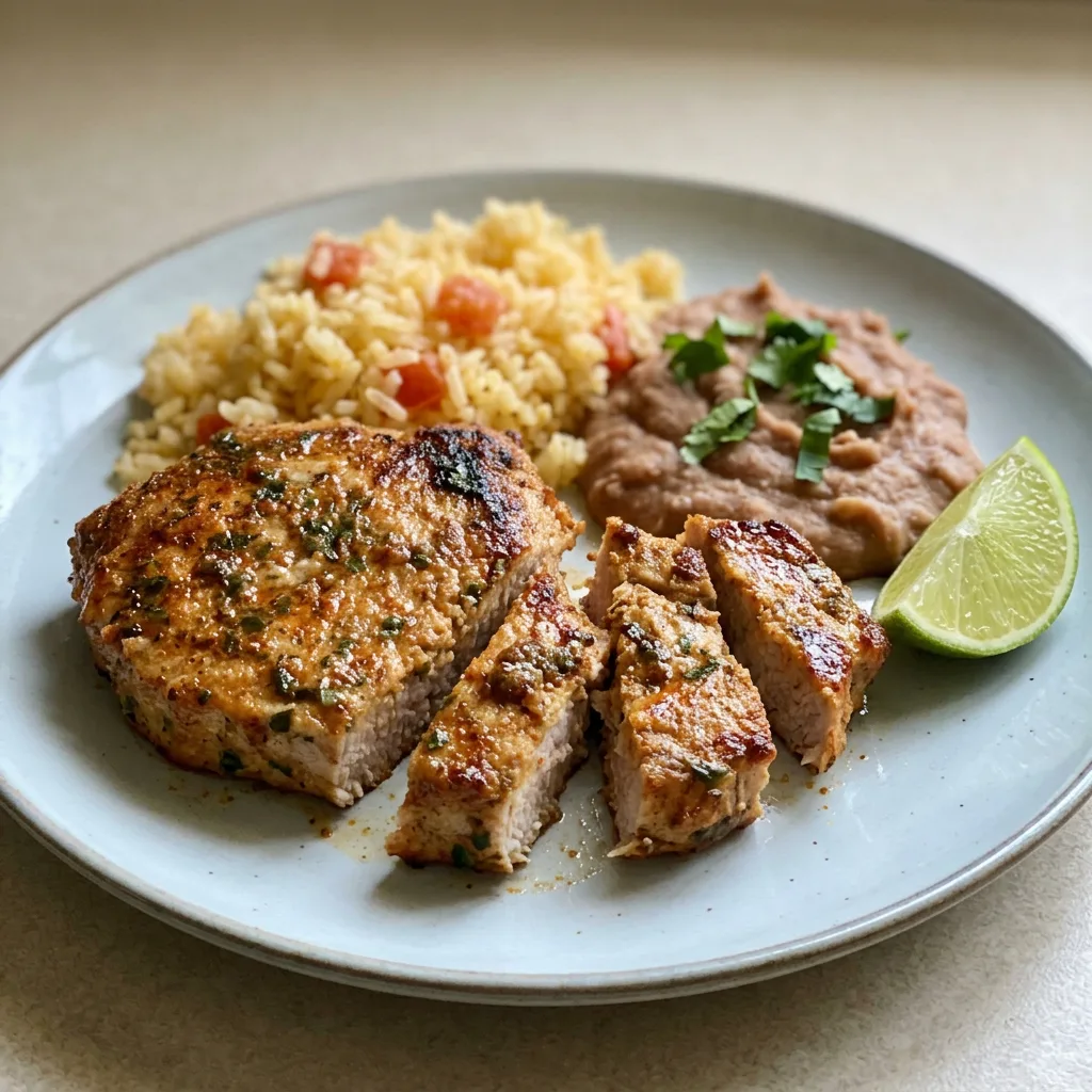 Top-down look at two boneless pork chops seasoned with taco seasoning, garnished with cilantro and lime wedges.