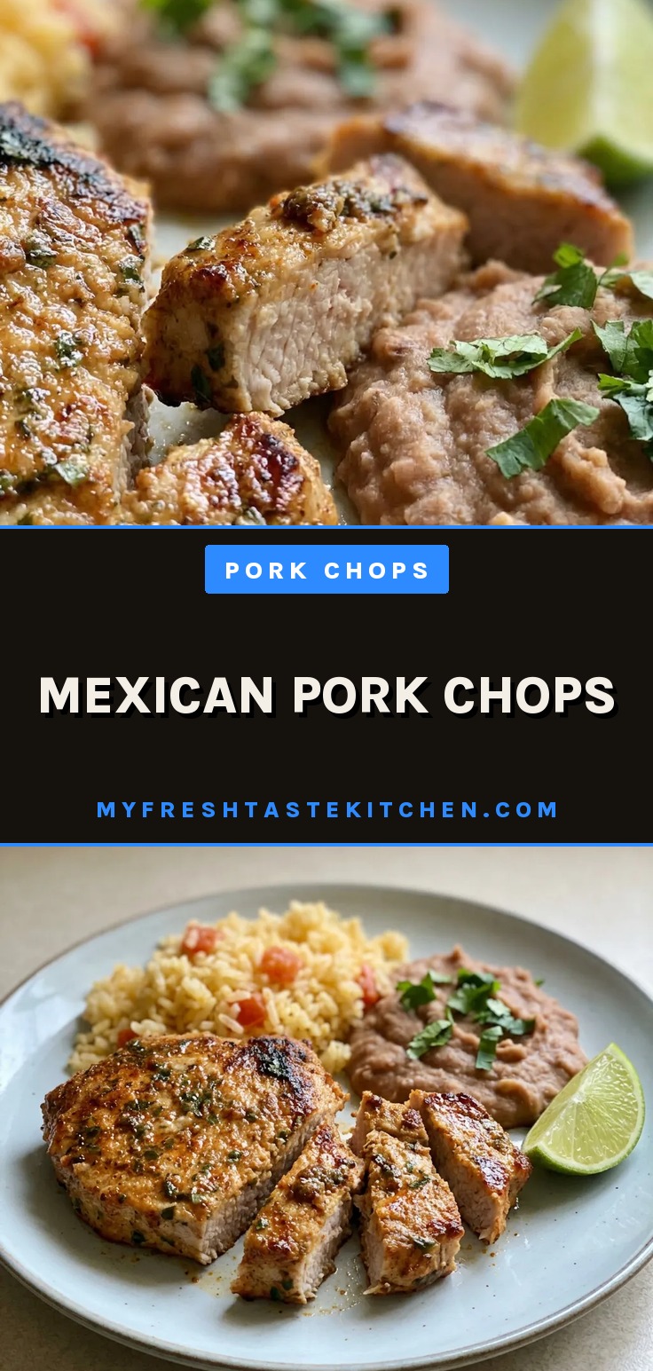 Top-down look at two boneless pork chops seasoned with taco seasoning, garnished with cilantro and lime wedges.
