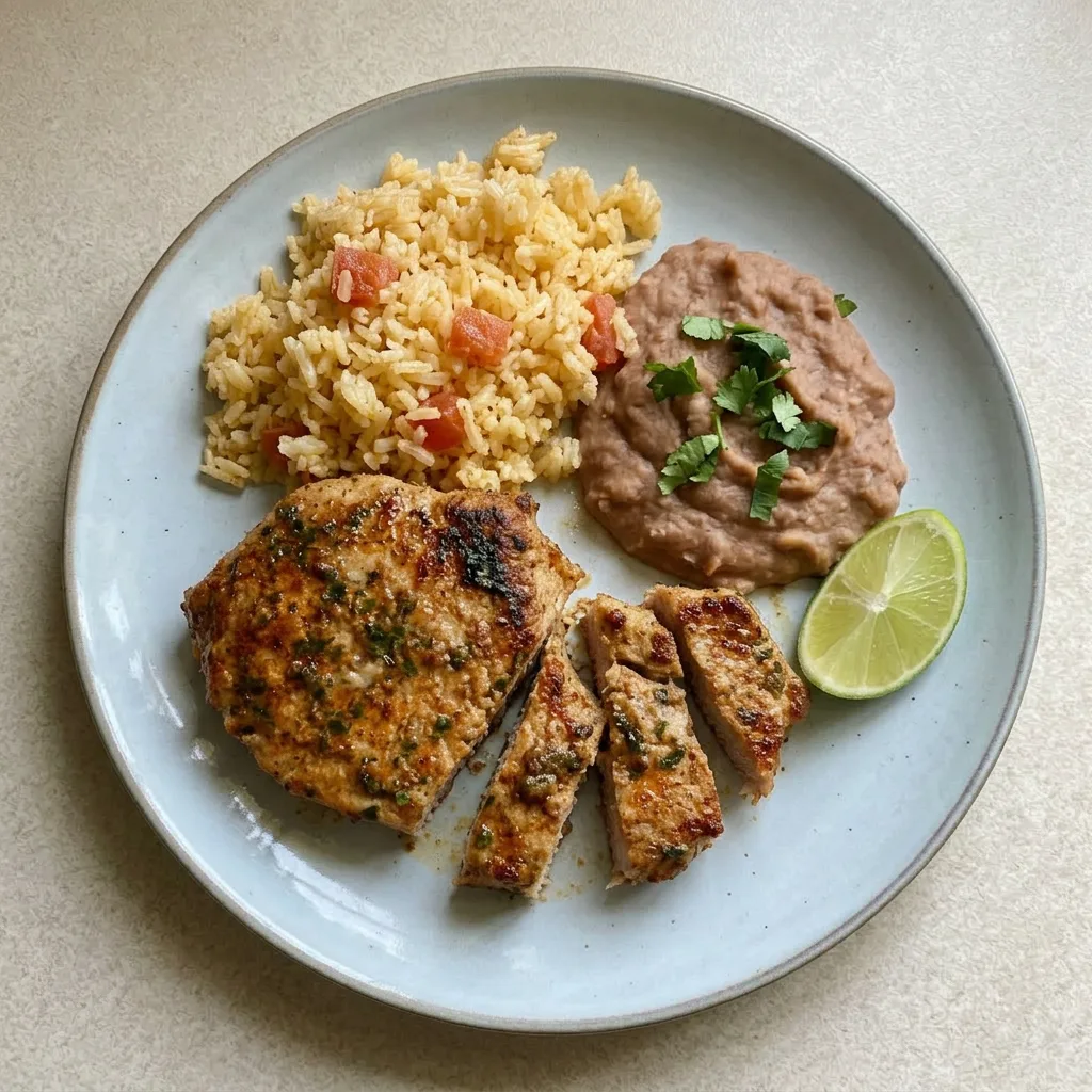A serving of two pork chops drizzled with olive oil and lime juice, topped with fresh cilantro.