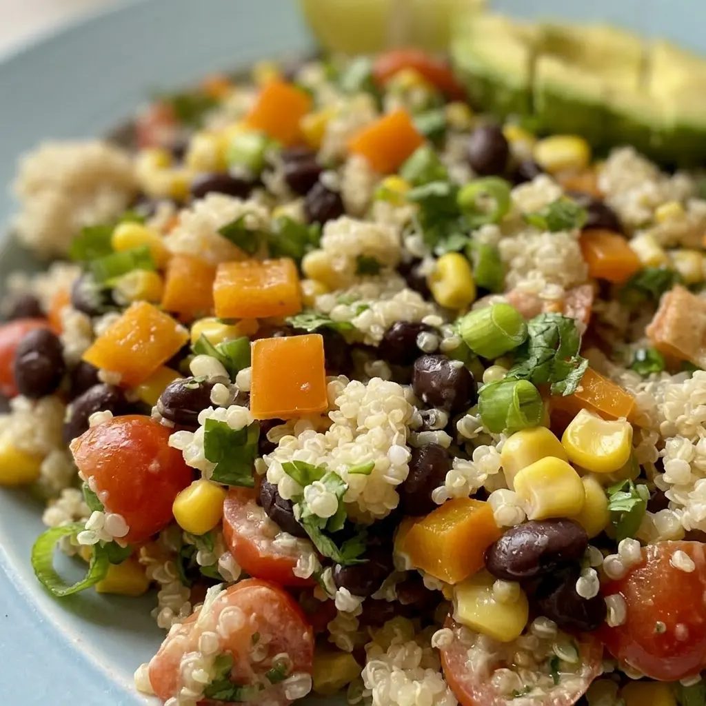 Macro detail of quinoa grains, black beans, tomato cubes, and bell pepper pieces, with a glossy cumin-lime dressing coating the ingredients.