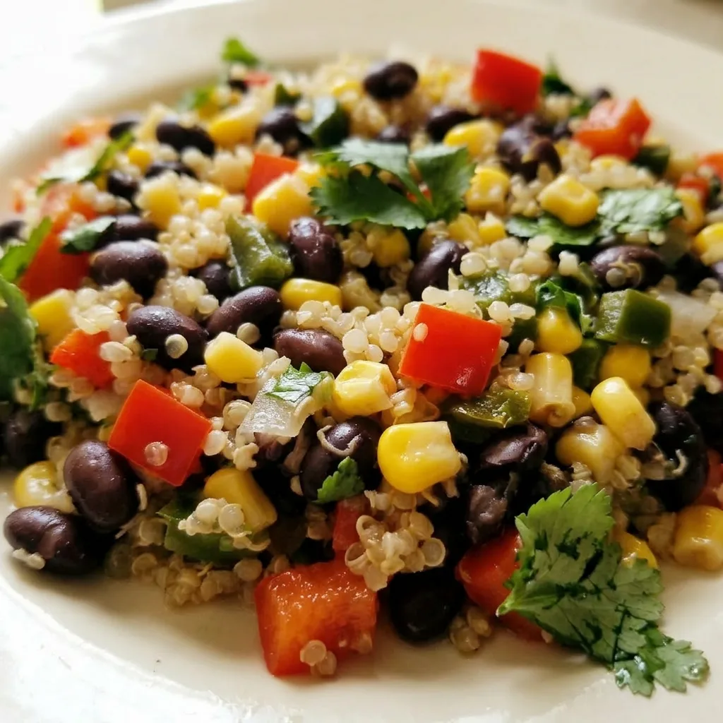 Macro detail of quinoa, black beans, corn, red bell pepper, onion, jalapeño, and cilantro with honey lime vinaigrette.