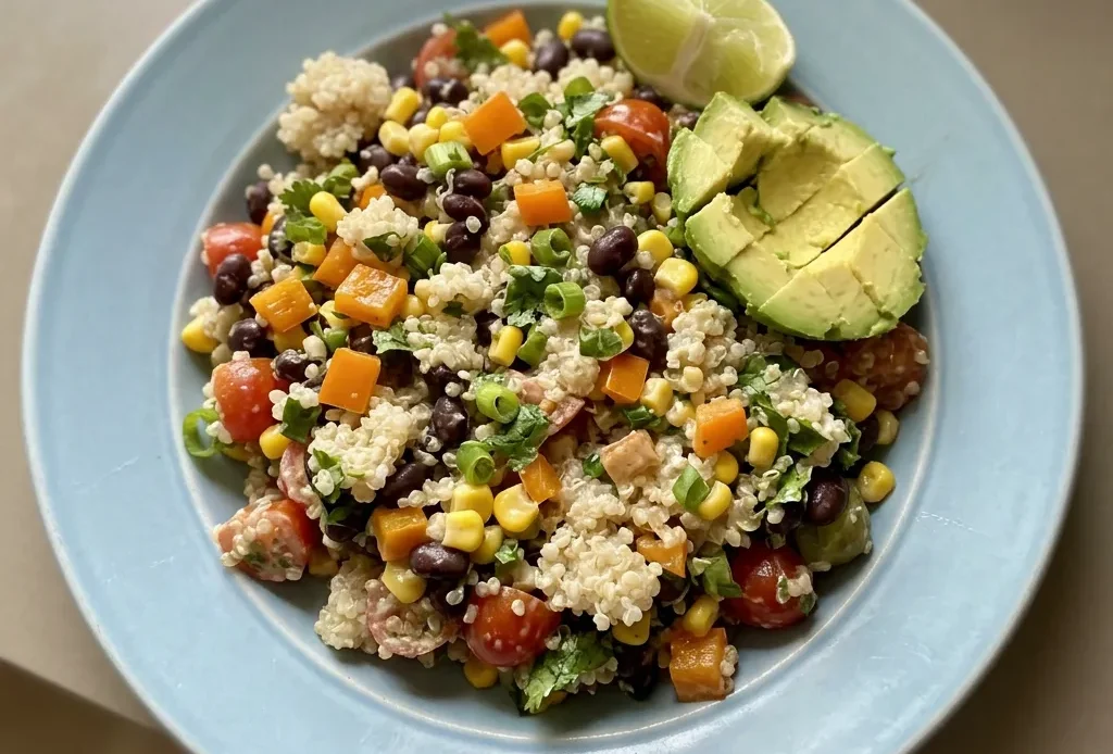 Top-down look at quinoa salad with black beans, tomatoes, bell pepper, corn, green onions, and cilantro, drizzled with cumin-lime dressing.