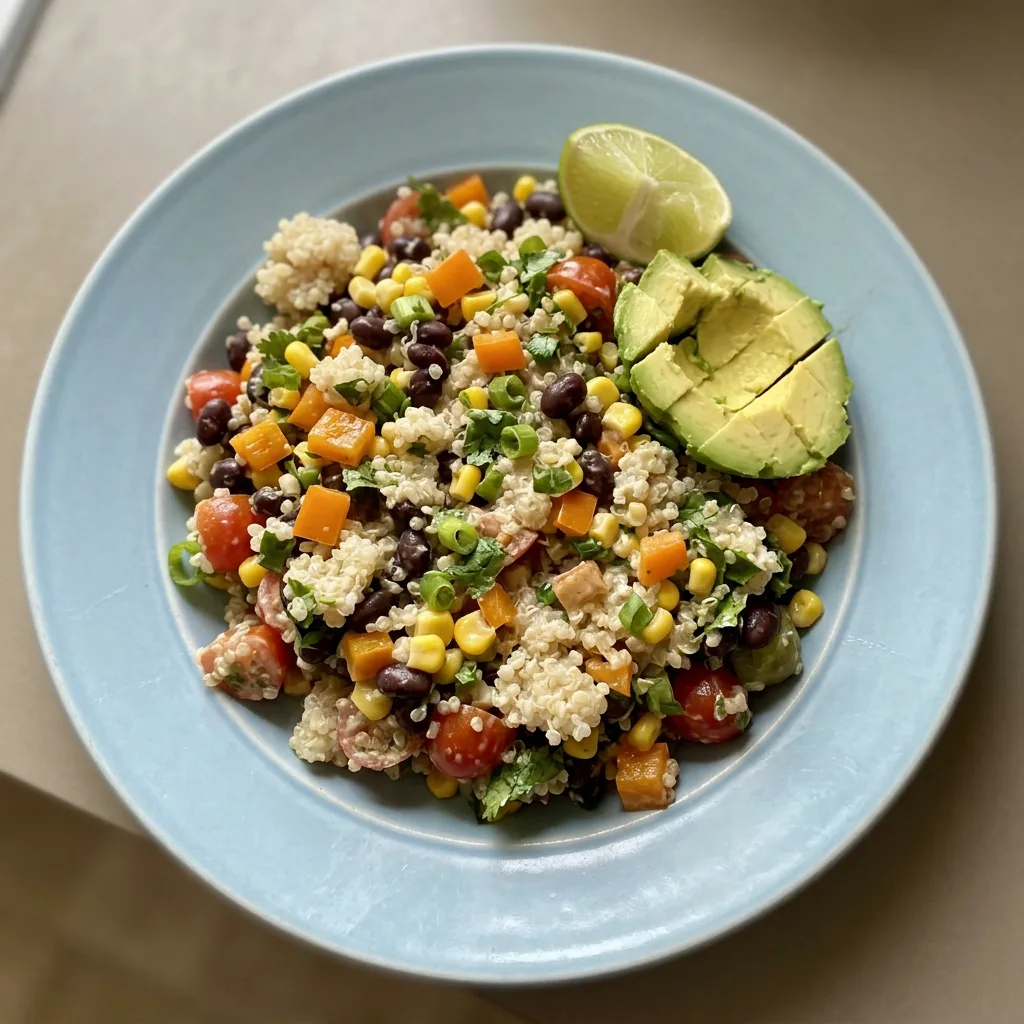 Top-down look at quinoa salad with black beans, tomatoes, bell pepper, corn, green onions, and cilantro, drizzled with cumin-lime dressing.