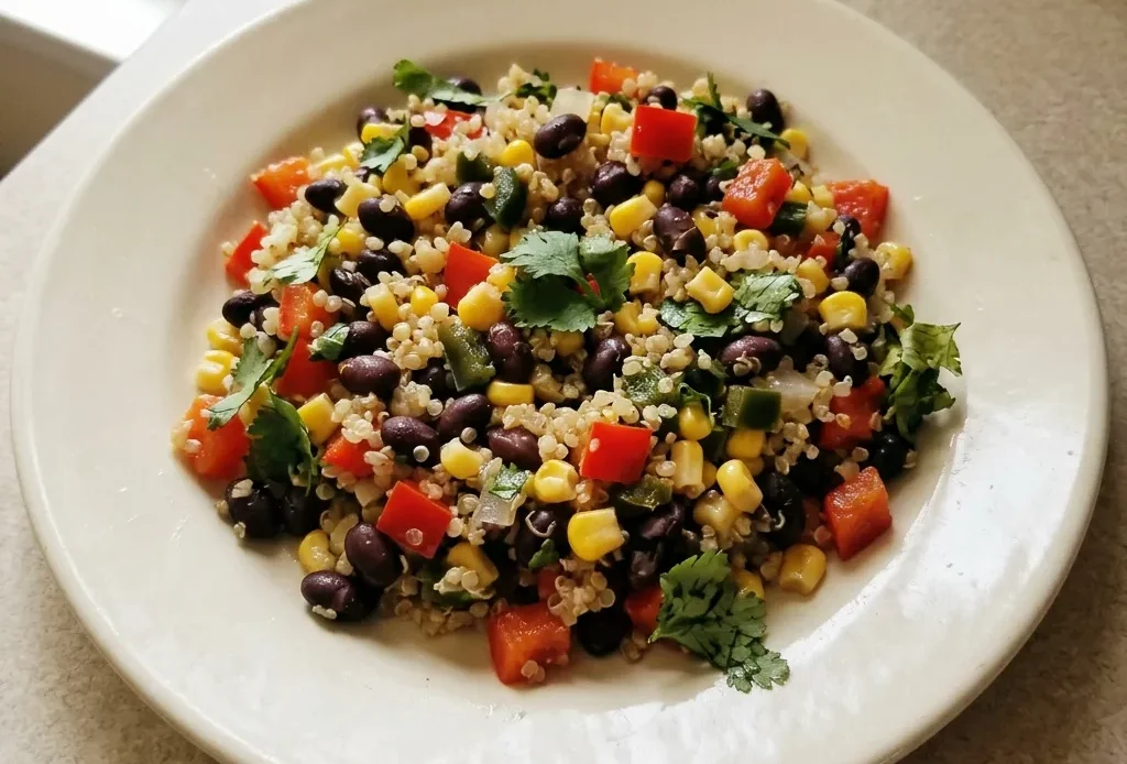 Top-down look at quinoa, black beans, corn, red bell pepper, onion, jalapeño, and cilantro drizzled with honey lime vinaigrette.