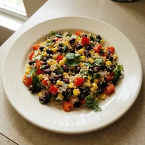 Top-down look at quinoa, black beans, corn, red bell pepper, onion, jalapeño, and cilantro drizzled with honey lime vinaigrette.