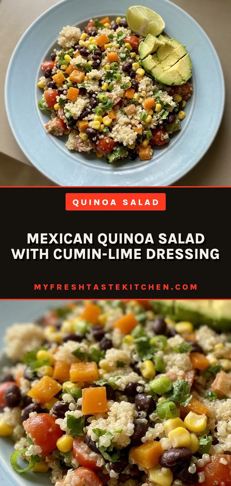 Top-down look at quinoa salad with black beans, tomatoes, bell pepper, corn, green onions, and cilantro, drizzled with cumin-lime dressing.