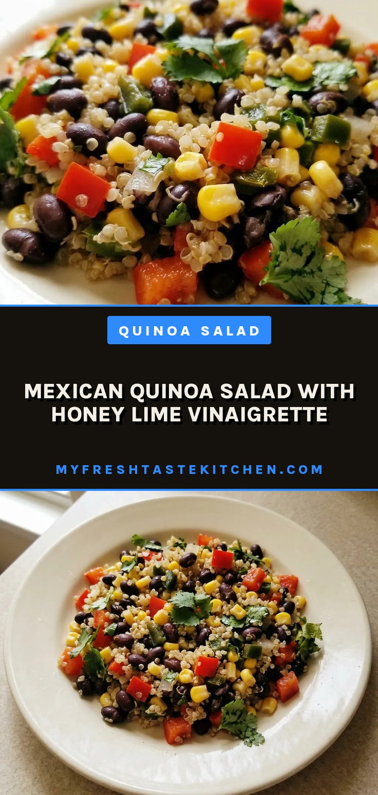 Top-down look at quinoa, black beans, corn, red bell pepper, onion, jalapeño, and cilantro drizzled with honey lime vinaigrette.