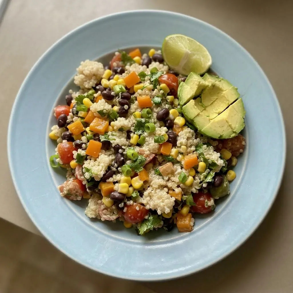 A serving of quinoa salad featuring black beans, diced tomatoes, bell pepper, corn, green onions, and cilantro, with lime wedges on the side.