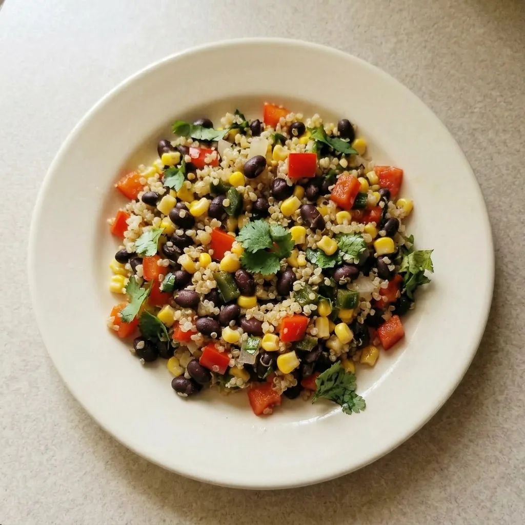 A serving of quinoa, black beans, corn, red bell pepper, onion, jalapeño, and cilantro topped with honey lime vinaigrette.