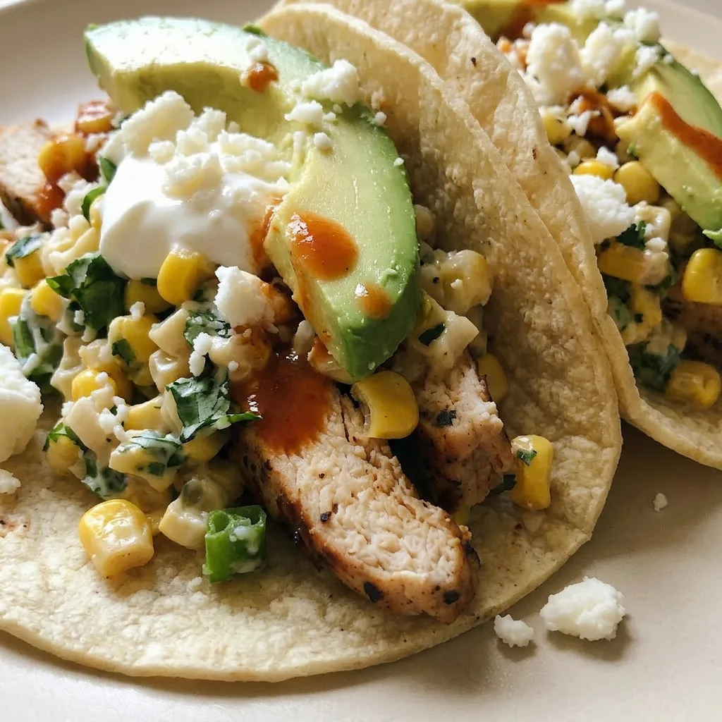 Up close, a corn tortilla holds shredded chicken, charred corn kernels, diced avocado, white cotija cheese, and a lime wedge on the side.