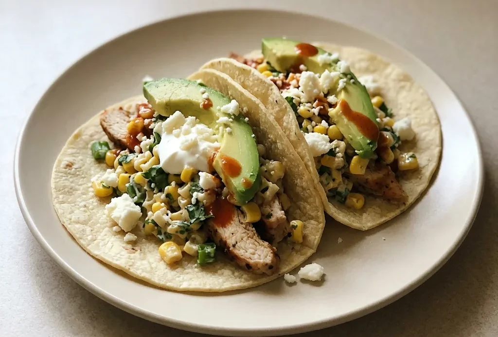 Looking down at two corn tortillas topped with shredded chicken, grilled corn, avocado slices, crumbled cotija cheese, and lime wedges.