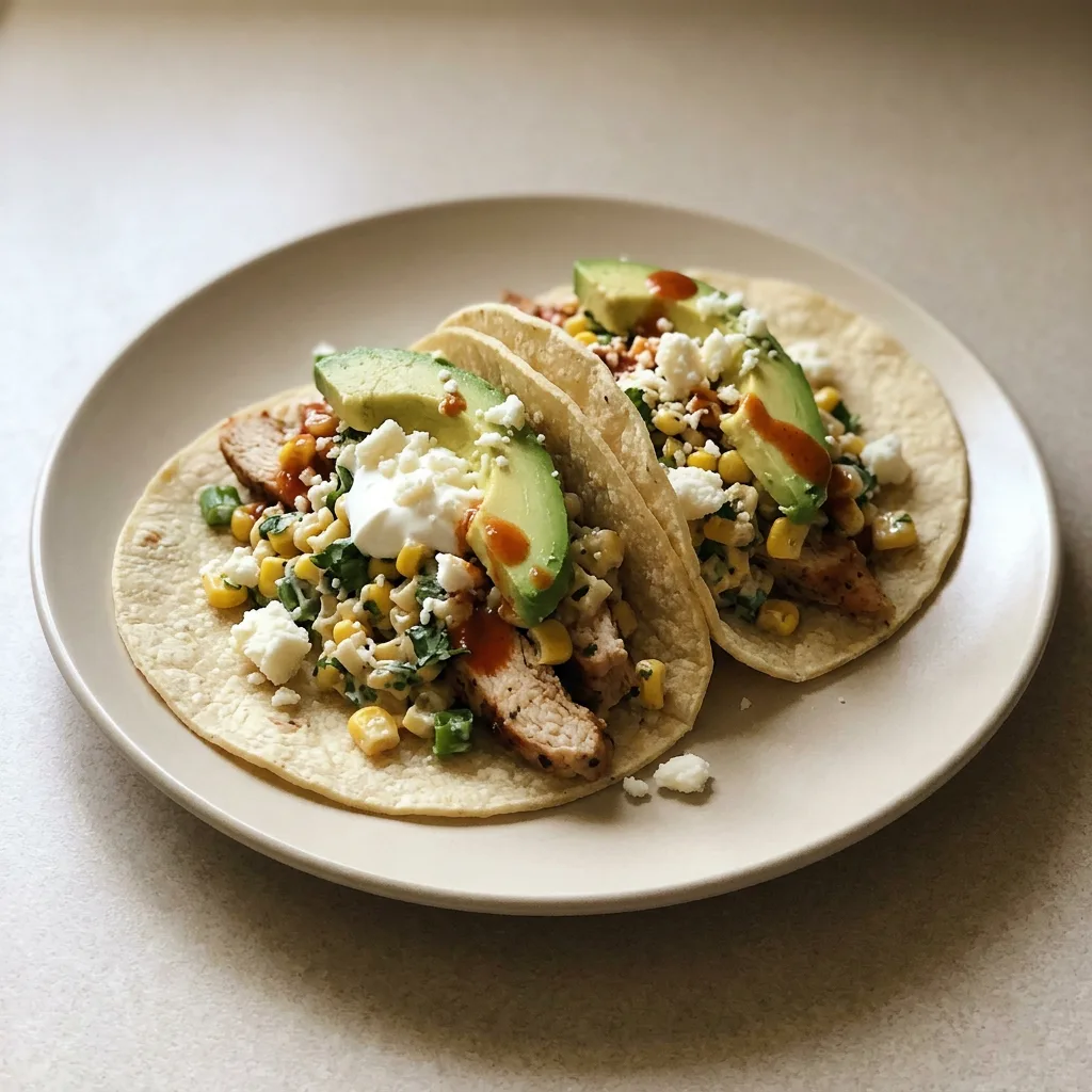 Looking down at two corn tortillas topped with shredded chicken, grilled corn, avocado slices, crumbled cotija cheese, and lime wedges.