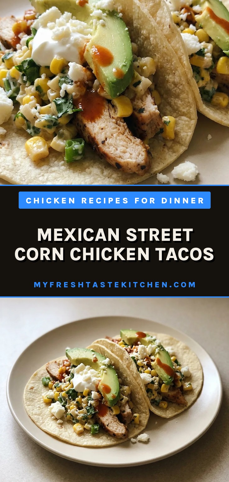 Looking down at two corn tortillas topped with shredded chicken, grilled corn, avocado slices, crumbled cotija cheese, and lime wedges.