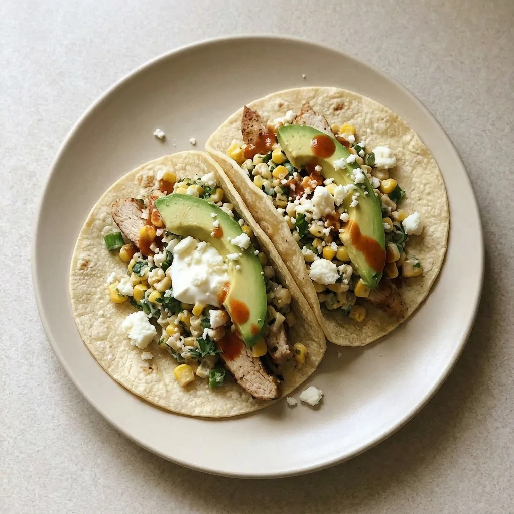 A plate of two chicken tacos with corn, avocado, cotija cheese, and lime, garnished with fresh cilantro.