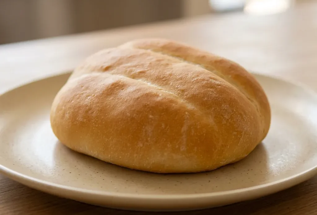 Top-down look at a round telera bread with a golden-brown crust and a light dusting of coarse salt.
