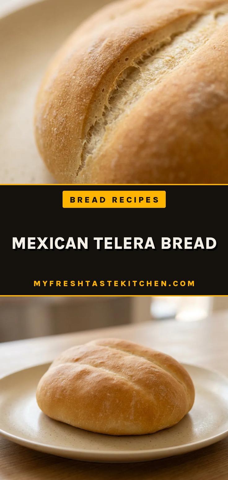 Top-down look at a round telera bread with a golden-brown crust and a light dusting of coarse salt.