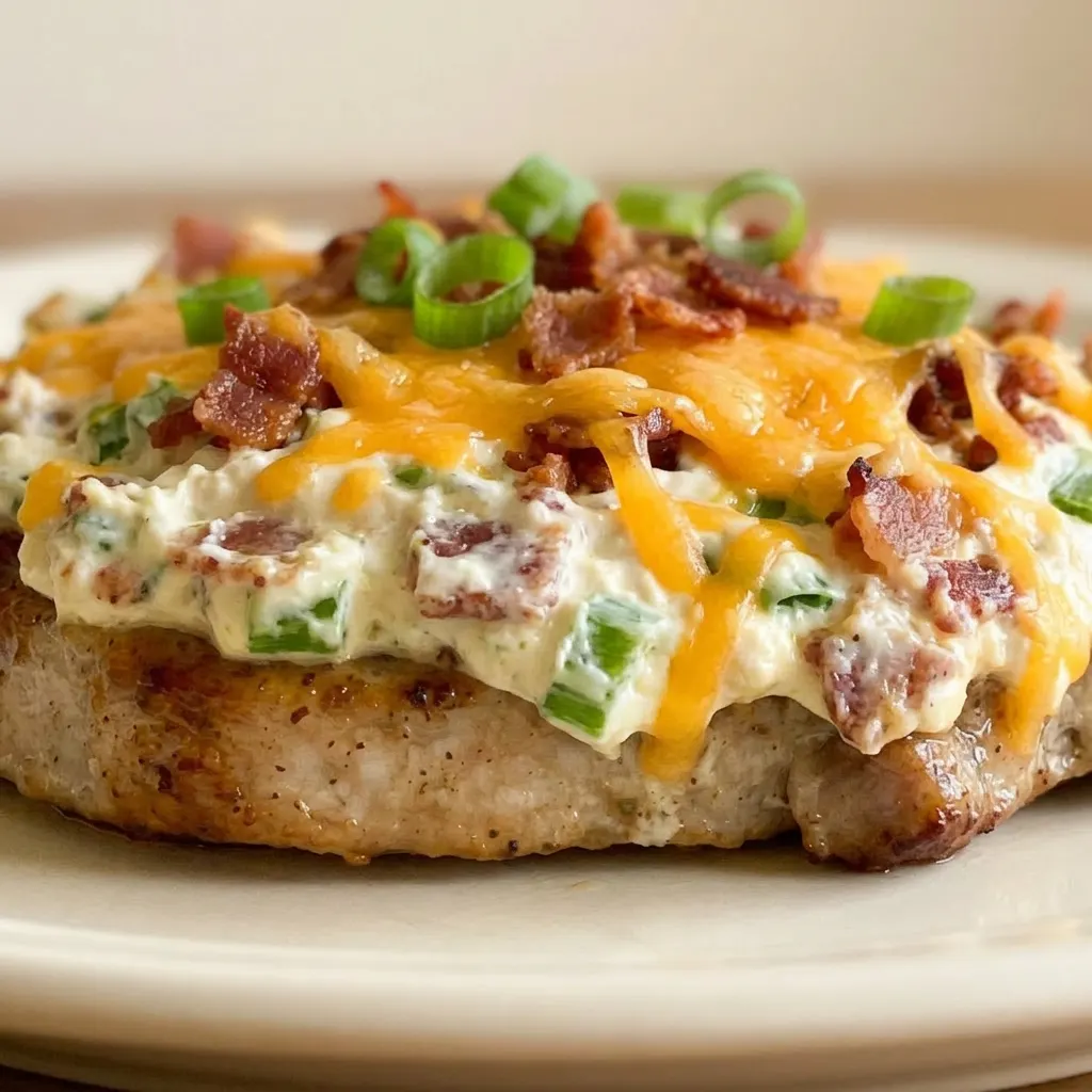 Macro detail of a pork chop with creamy cheese mixture, crispy bacon crumbles, and bright green onion rings on the surface.