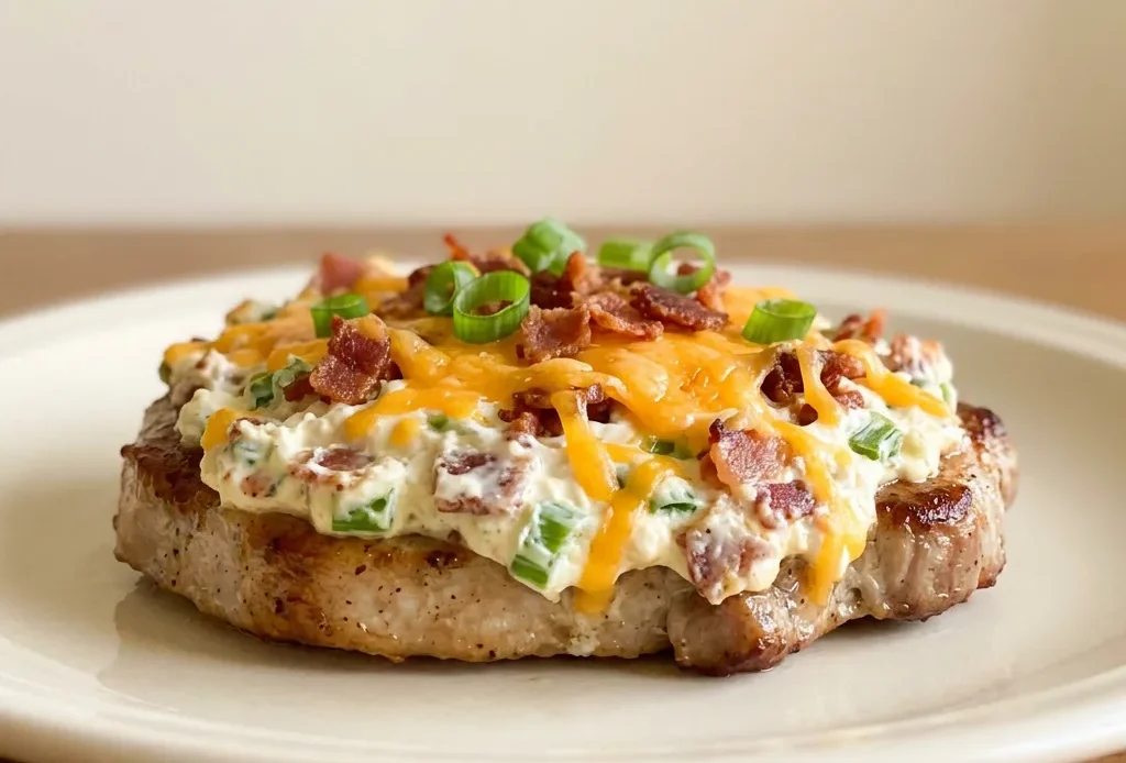 Top-down look at two pork chops topped with melted cheddar, cream cheese, and bacon bits, garnished with sliced green onions.