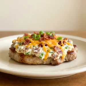 Top-down look at two pork chops topped with melted cheddar, cream cheese, and bacon bits, garnished with sliced green onions.