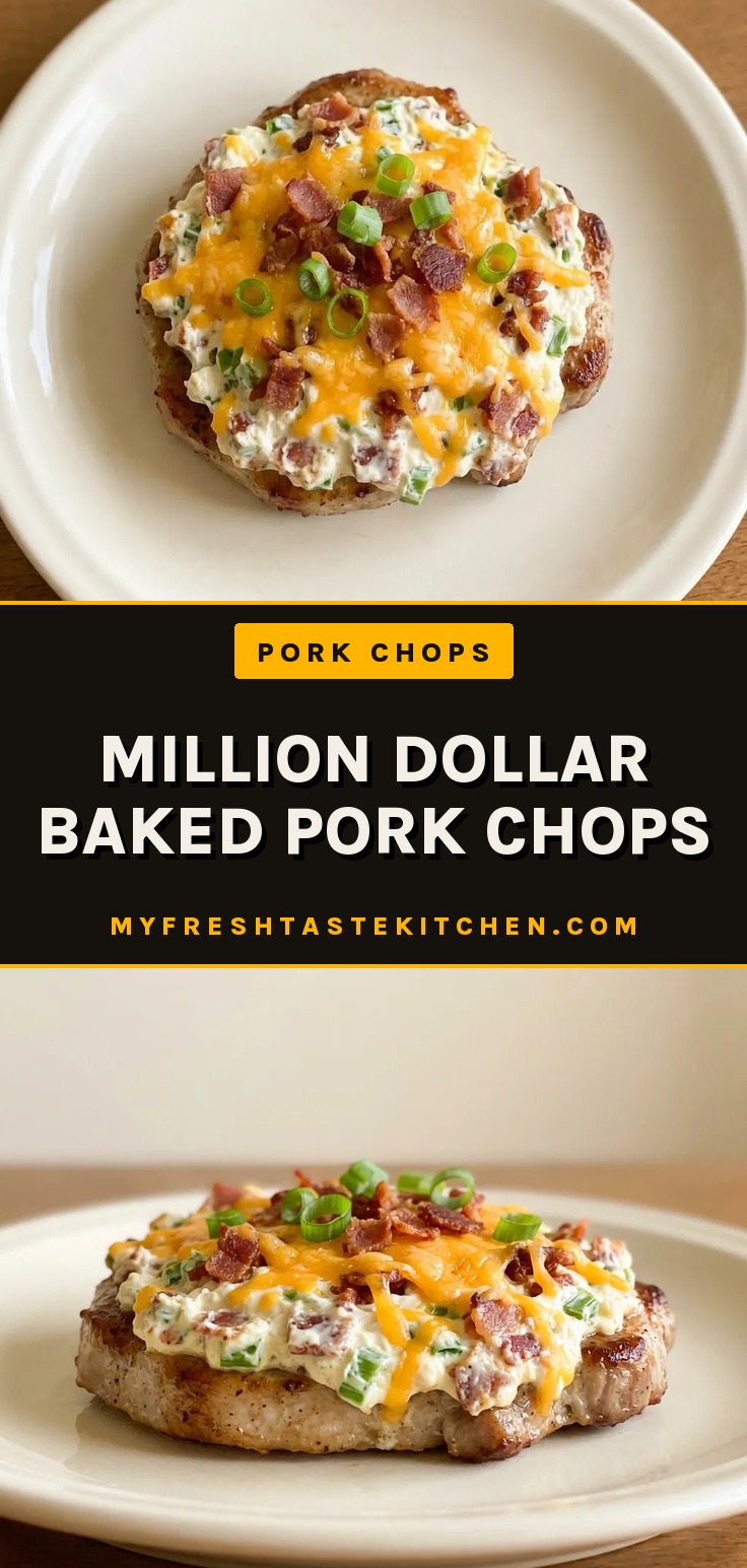 Top-down look at two pork chops topped with melted cheddar, cream cheese, and bacon bits, garnished with sliced green onions.