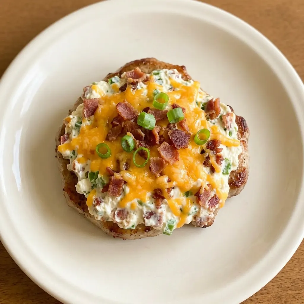 A serving of pork chops with a thick layer of cream cheese and mayonnaise blend, sprinkled with shredded cheddar and bacon.
