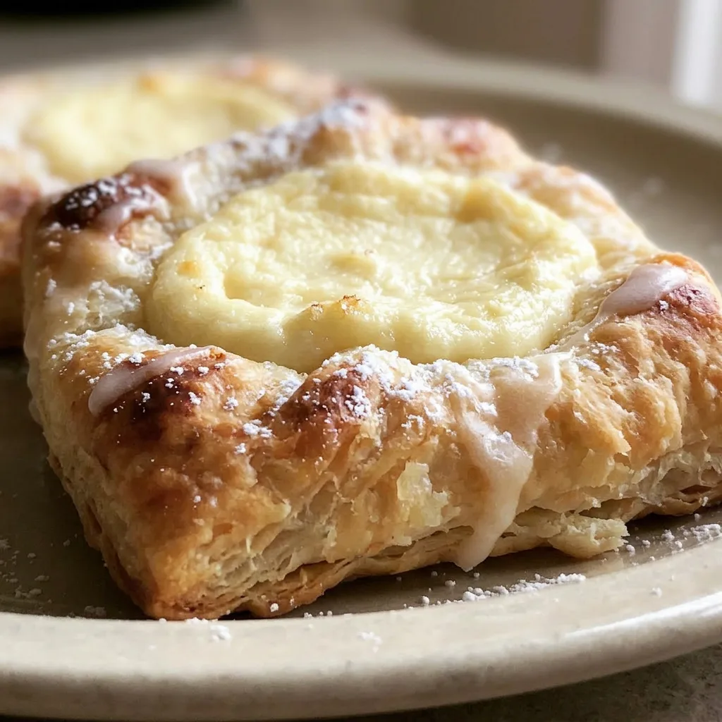 Up close, a danish shows flaky puff pastry layers around a creamy center with vanilla specks.