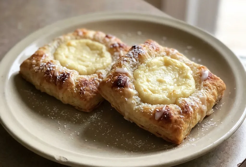 Looking down at three round danishes with cream cheese filling, golden puff pastry, and light browning on top.