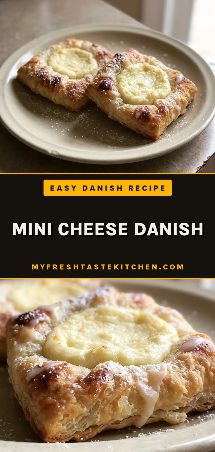 Mini cheese danish with golden brown puff pastry, cream cheese filling, and vanilla extract.