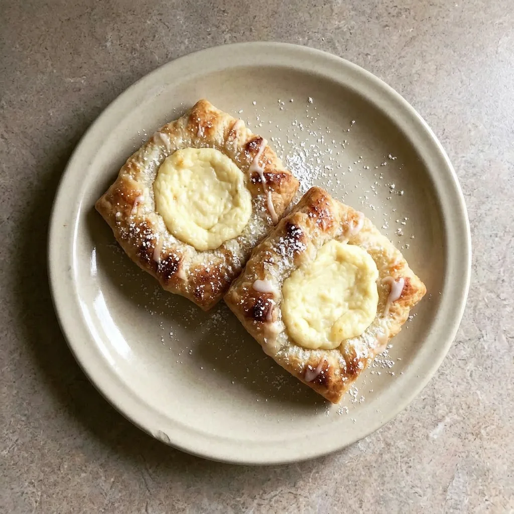 A plate of mini danishes arranged in a row, each with a smooth cream cheese center and golden pastry edges.