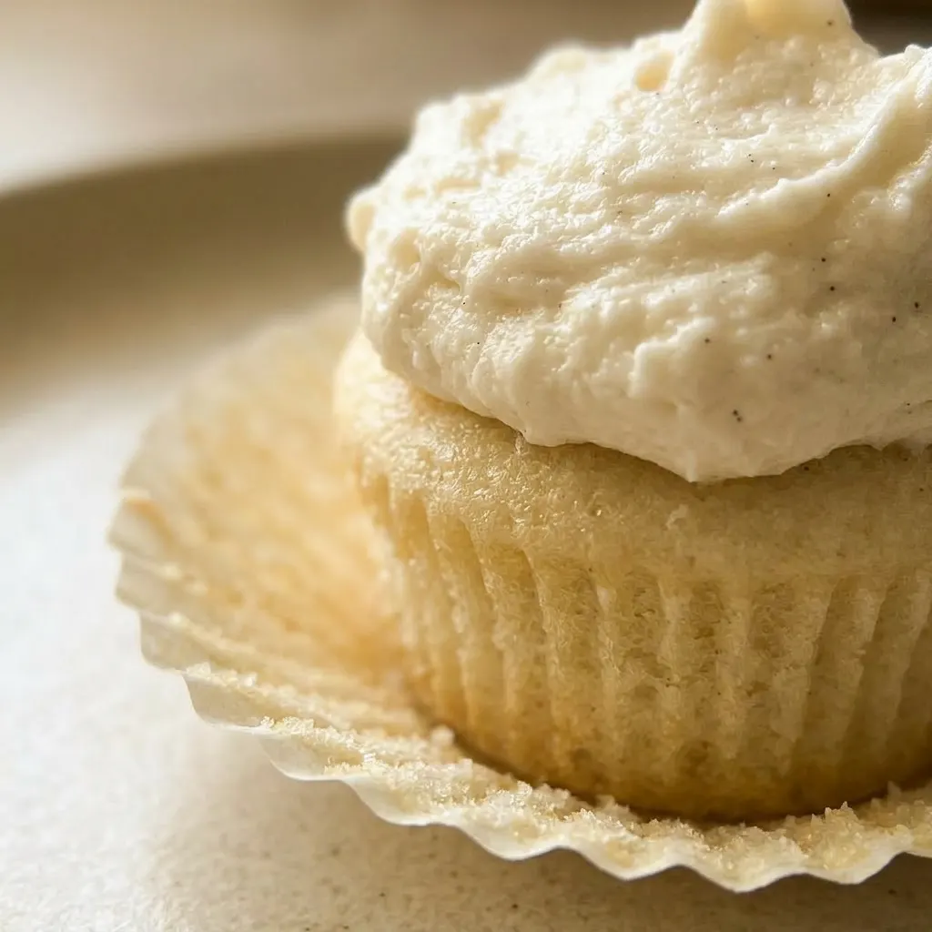 Zoomed in on a mini cupcake with a piped buttercream swirl and a tiny dollop of whipped cream on top.