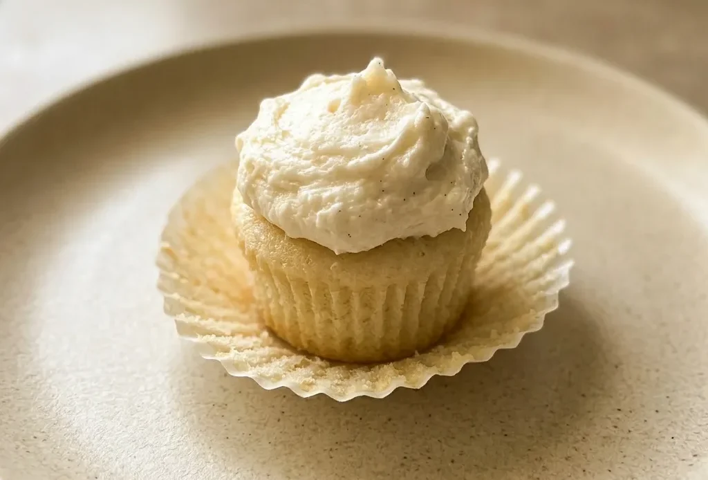 Bird's-eye view of mini cupcakes topped with swirls of white buttercream and a small dollop of whipped cream.