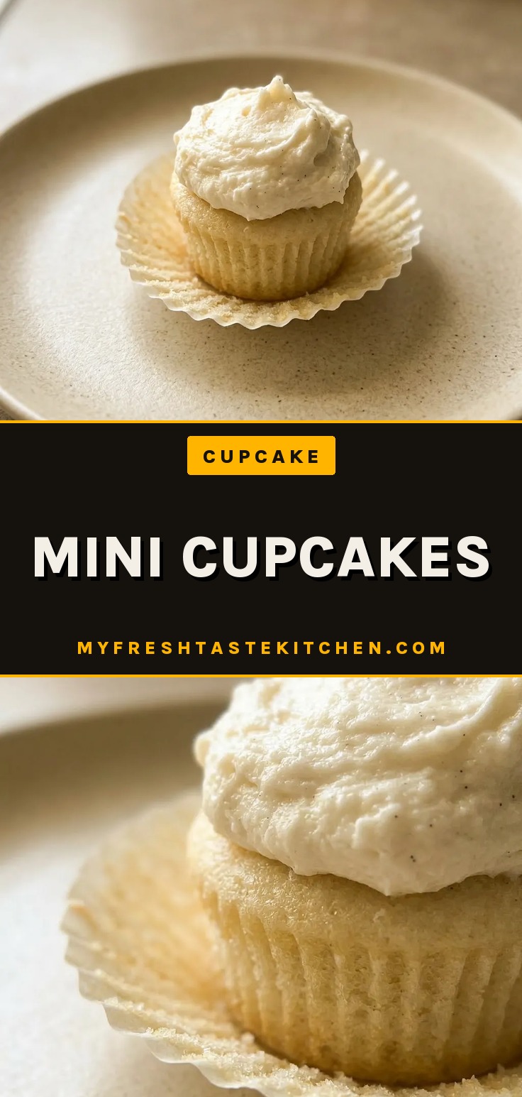 Bird's-eye view of mini cupcakes topped with swirls of white buttercream and a small dollop of whipped cream.