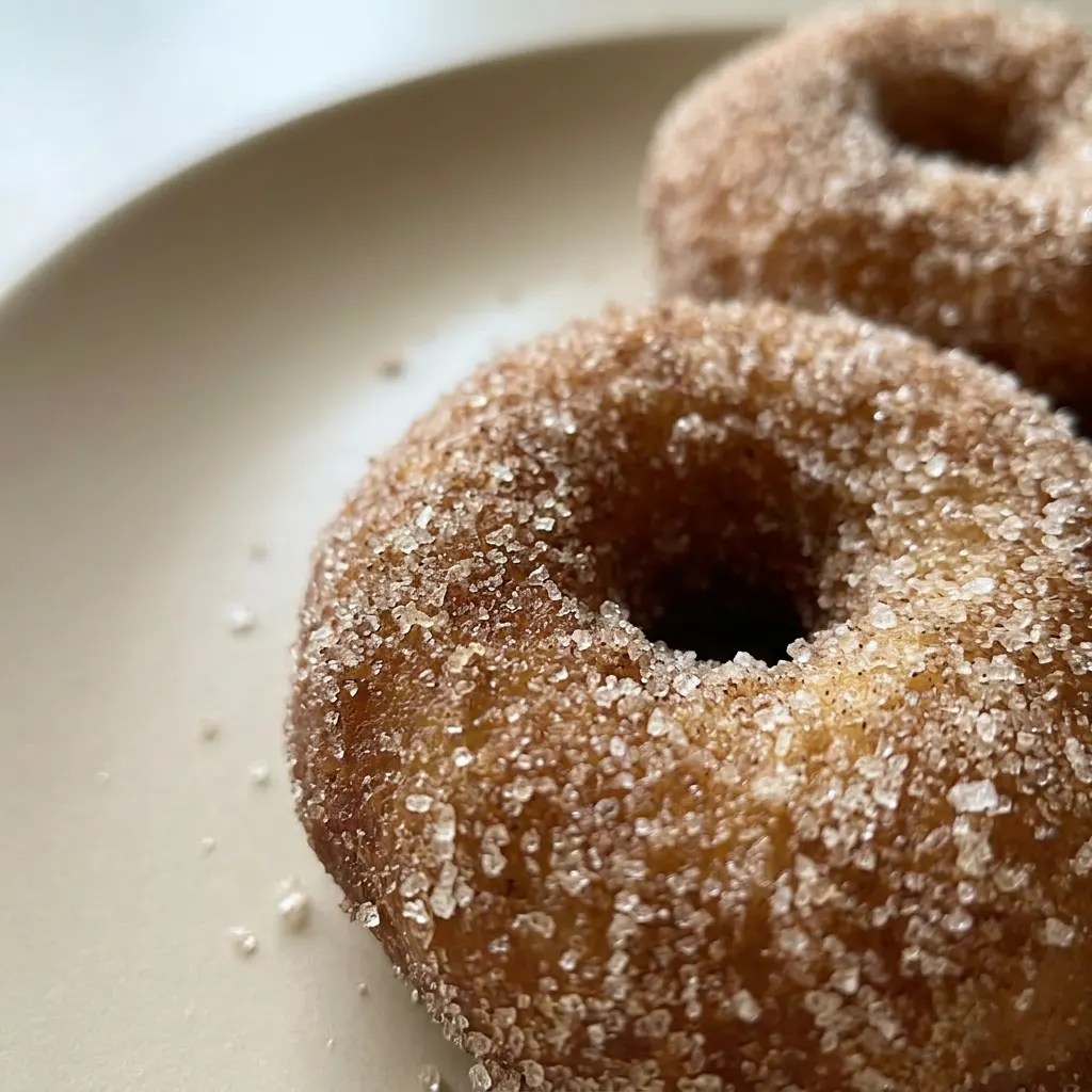 Zoomed in on a single mini donut with a golden-brown crust, visible butter sheen, and cinnamon topping.