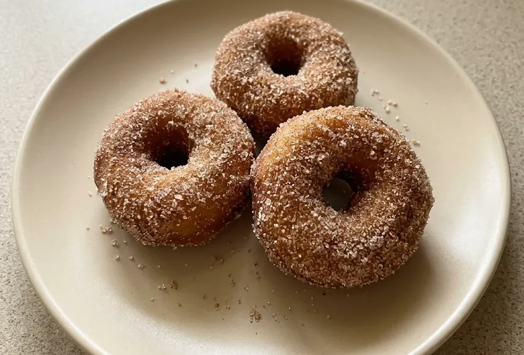Bird's-eye view of a cluster of mini donuts dusted with cinnamon and vanilla bean specks.