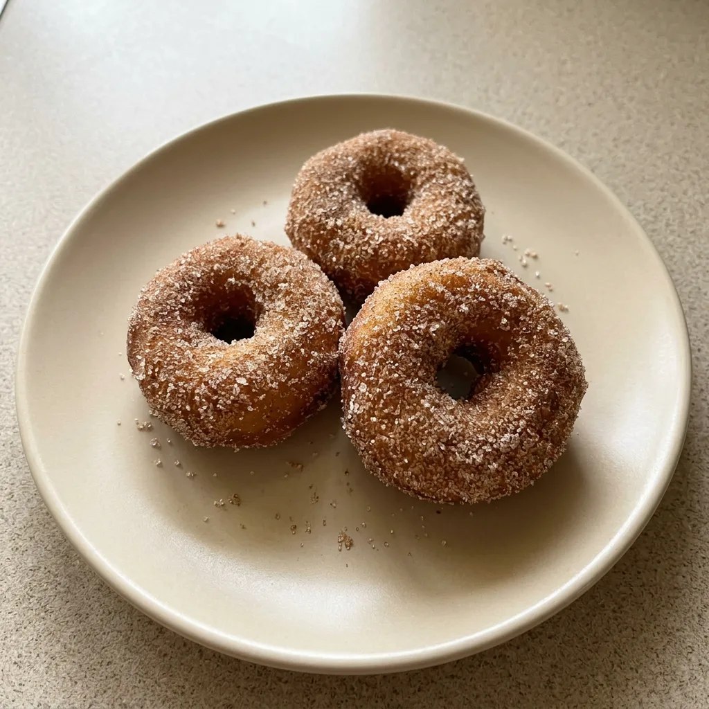 Bird's-eye view of a cluster of mini donuts dusted with cinnamon and vanilla bean specks.