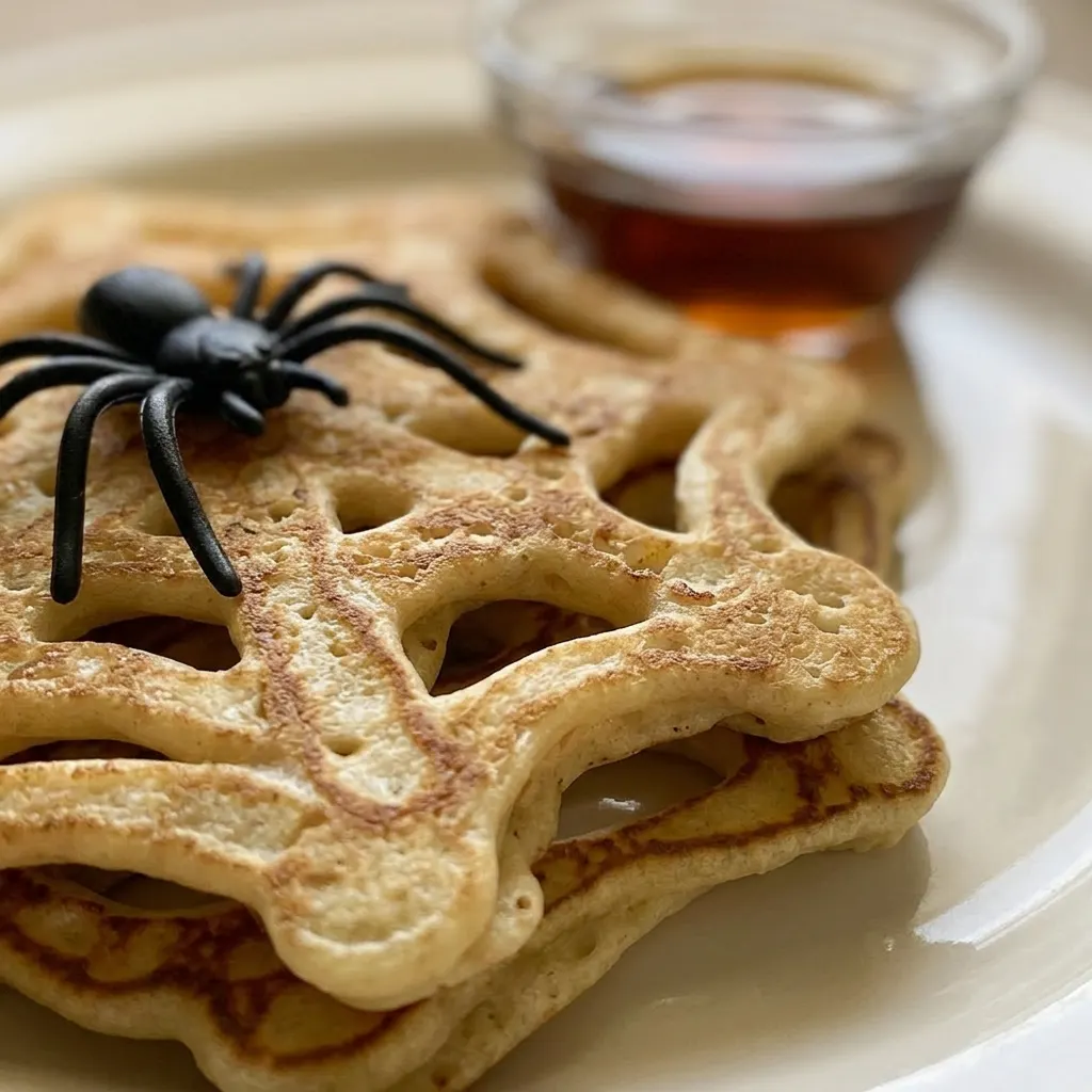 Zoomed in on a spiderweb pancake with syrup pooling in the web gaps and a pat of melting butter.