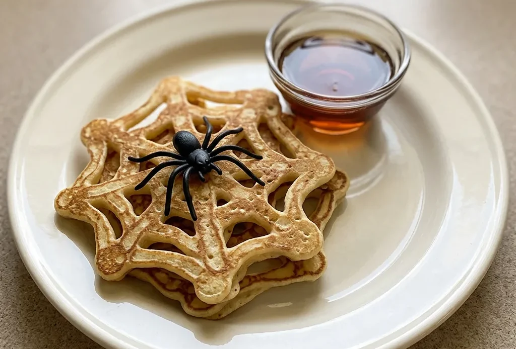 Bird's-eye view of three spiderweb-shaped pancakes drizzled with syrup and topped with butter.
